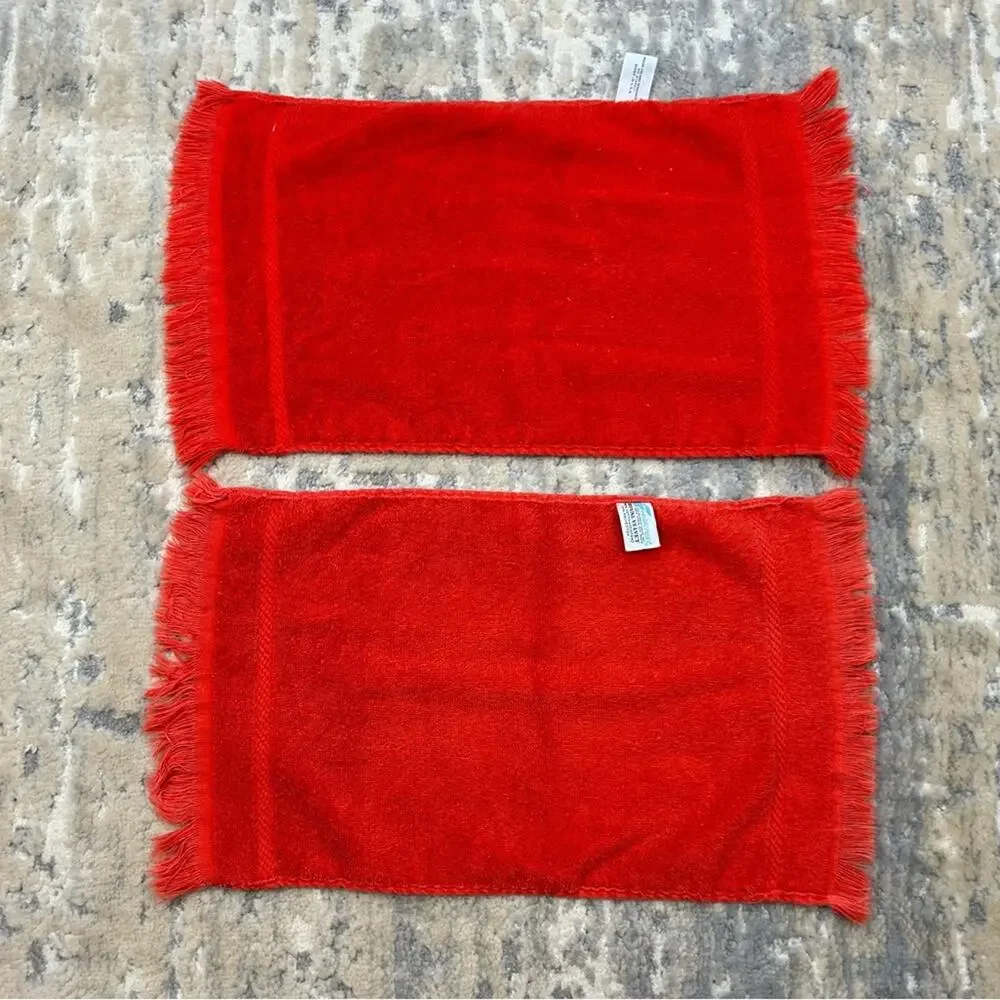 Vintage FieldCrest Royal Velvet Cotton Orange Fringe Hand Towels Set of 2 1970’s
